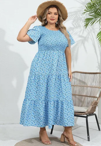 Miniatura 4 de Vestido largo escalonado fruncido para mujer, talla grande, con bolsillos, elegante, manga corta, cuello redondo, floral, bohemio, vestido bohemio