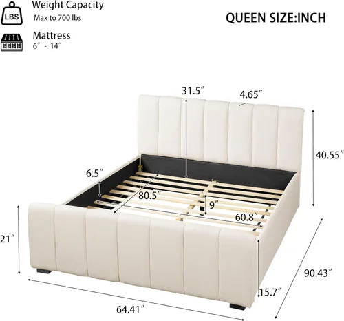 Miniatura 2 de Merax Cama de plataforma tapizada tamaño Queen con cabecero y estribo gruesos, marco de cama de tela de lino estilo bloque con patas de madera