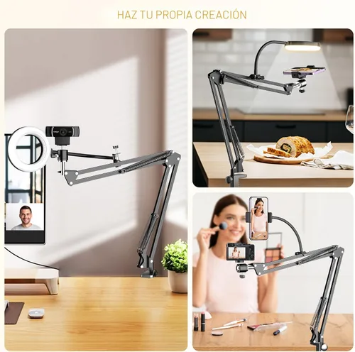 Miniatura 2 de Soporte de cámara superior con anillo de luz, brazo flexible articulado para teléfono compatible con iPhone, webcam Logitech, trípode de escritorio