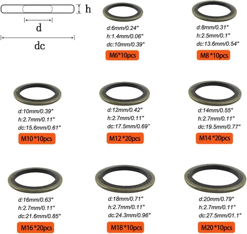 Miniatura 3 de 110 Pcs 8 Sizes Oil Seal Washer Assortment Kit, M6 M8 M10 M12 M14 M16 M18 M20 Rubber Bonded Seal Oil Gasket Metal Sealing Washer Automotive Engine