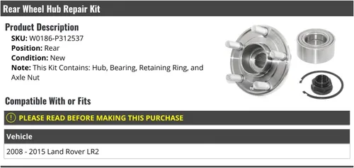 Marketplace Auto Parts Kit de reparación de cojinetes y bujes de rueda trasera, compatible con Land Rover LR2 2008-2015