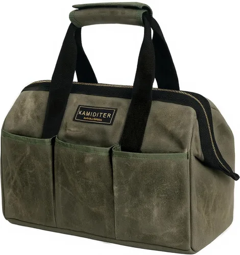 Miniatura 8 de Bolsa Portaherramientas, Bolsa de Herramientas de Lona Encerada Resistente de 13 Pulgadas de Boca Ancha, Bolsa de Herramientas de Parte Superior