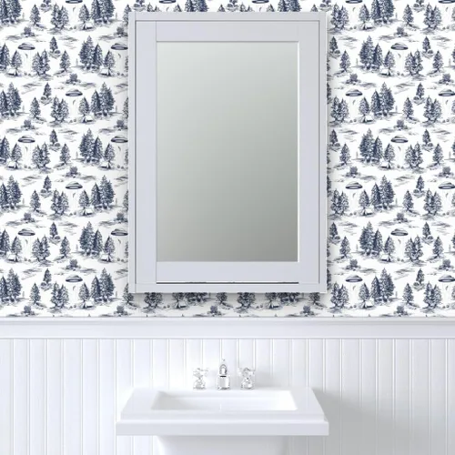 Miniatura 9 de Despegar y pegar papel pintado Swatch - UFO Toile Alien pequeña escala azul blanco espacio caprichoso papel pintado personalizado extraíble por