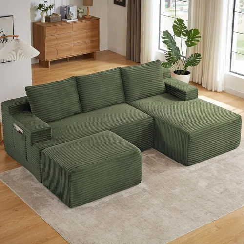 Miniatura 18 de Sofá modular Cloud de 95 pulgadas con otomana, moderno sofá nube en forma de U con asiento profundo, cómodo sofá de pana de 3 plazas, sofá de espuma