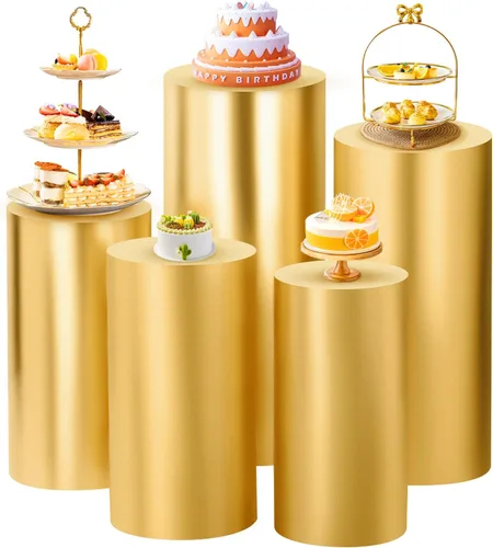 Miniatura 13 de SaitiMade Juego de 3 fundas para pedestal de cilindro beige, fundas de elastano para decoración de fiestas, bodas o eventos de cumpleaños, solo