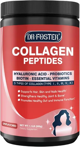 DRFOSTER Péptido multicolágeno en polvo con probióticos, 50 porciones de péptidos de colágeno hidrolizados con ácido hialurónico, biotina y