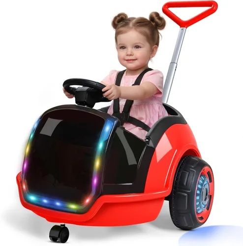 ANPABO Auto eléctrico de empuje y paseo 3 en 1, juguete de paseo para niños de 12 V con control remoto, giro de 360°, cinturón de seguridad de 5 Rojo
