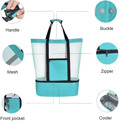 Miniatura 2 de Beach Bag with Cooler, Mesh Beach Tote with Undetachable Insulated Cooler and Pocket for Towels