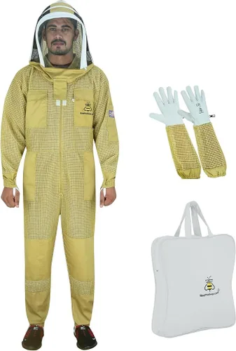3-Layer Ultra Ventilated Mesh Beekeeping Suit for Men & Women with Veil Sting-Proof Bee Suit with Leather Gloves & Bag