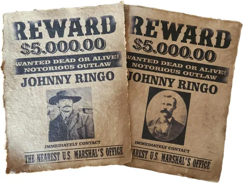 2 x Johnny Ringo/Tombstone envejecido impreso página de póster deseado, accesorios de Halloween del Viejo Oeste, arte de pared