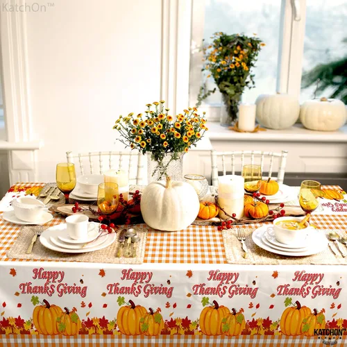 Miniatura 7 de KatchOn, Mantel grande de plástico de Acción de Gracias, 108 x 54 pulgadas, paquete de 3 Mantel desechable de otoño, rectangular, otoño, calabaza