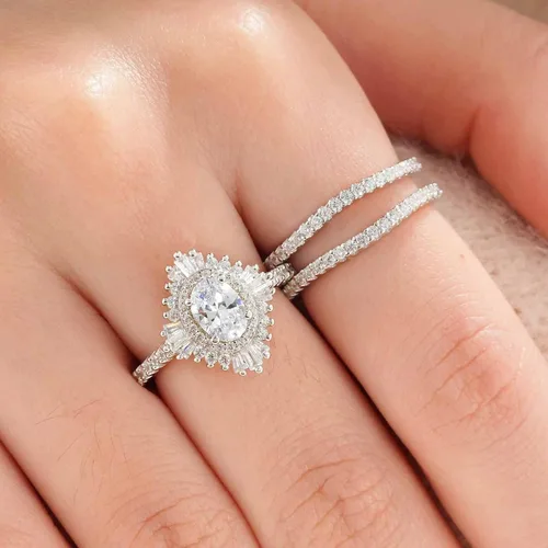 Miniatura 8 de Newshe Jewellery Anillos de compromiso vintage para mujer AAAAA CZ anillo de boda realzador nupcial conjunto de 3.5 quilates plata de ley 925 halo