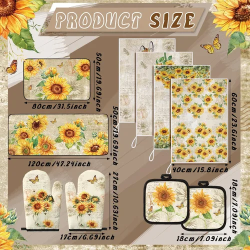 Miniatura 3 de Fourluoo Juego de 10 toallas de cocina de girasol, guantes de horno y soportes para ollas, juego de decoración de cocina de granja para mujeres