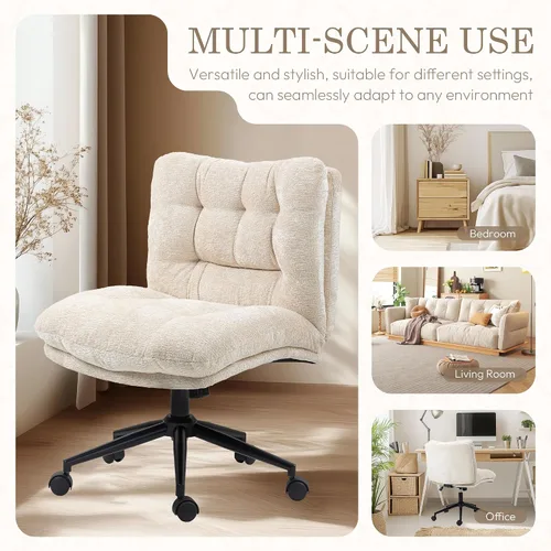 Miniatura 4 de Dowinx Silla Criss Cross con ruedas, cojín engrosado de doble capa, silla de tocador moderna para el hogar de tela premium con asiento ancho, beige