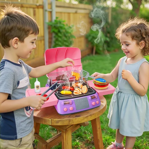 Miniatura 4 de Juego de barbacoa para niños, juego de cocina con luz de sonido de humo de simulación, para niñas pequeñas, color rosa, para niños de 3 a 5 años, 4