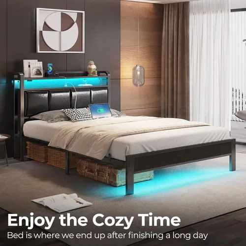 Miniatura 7 de Rolanstar Armazón de cama tamaño Full con estación de carga y luces LED, cabecera de cuero PU con estantes de almacenamiento, listones de metal