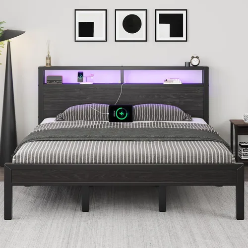 Miniatura 15 de Marco de cama tamaño completo con cabecera de almacenamiento, cama plataforma industrial con estación de carga y luces LED, listones de metal Negro