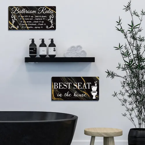 Miniatura 6 de Jetec 2 Piezas Decoración de Pared de Baño, Reglas del Baño, Arte de Pared con Flores, Letreros de Baño Divertidos, Decoración Rústica de Baño