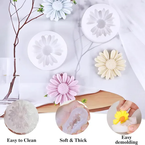 Miniatura 4 de 4 moldes para velas de margarita, moldes de silicona para hacer velas, molde decorativo en forma de flores 3D para fondant, jabón, pastel