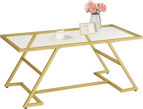 Miniatura 8 de HOOBRO Mesa auxiliar, mesa de centro rectangular dorada, mesa central de cristal moderna, mesas de té centrales de 2 niveles con marco de metal