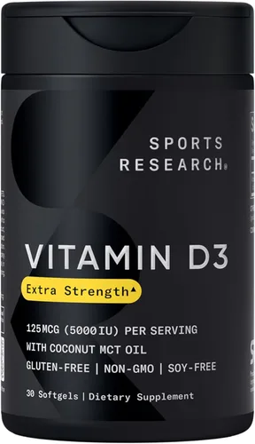 Sports Research Vitamina D3 5000 UI con aceite de coco MCT, suplemento de vitamina D extra fuerte, verificado sin OMG, sin gluten ni soja, 125 mcg,