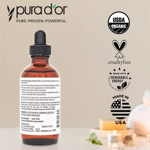 Miniatura 6 de PURA D'OR Aceite de ricino orgánico de 4 onzas, puro prensado en frío, sin hexano, certificado por USDA, pestañas, cejas, cabello, cuero cabelludo