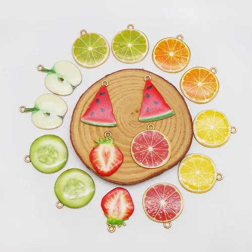Miniatura 6 de 32 dijes de esmalte en tono dorado surtidos, limón, sandía, naranja, fresa, manzana, delicados, colgantes, fruta, alimentos, para aretes, joyería