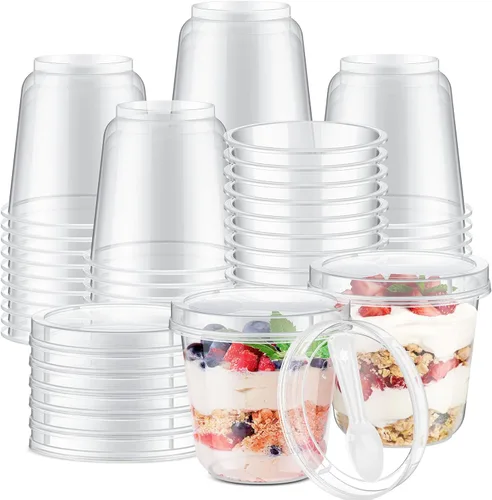 Jingmore Paquete de 80 vasos de plástico transparente para yogur y parfait de 9.5 onzas, recipientes desechables para avena durante la noche con