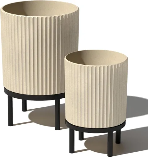 Miniatura 35 de Veradek Demi Series - Maceta redonda con soporte para porche o patio, compuesto de piedra de plástico duradero y soporte de madera, decoración