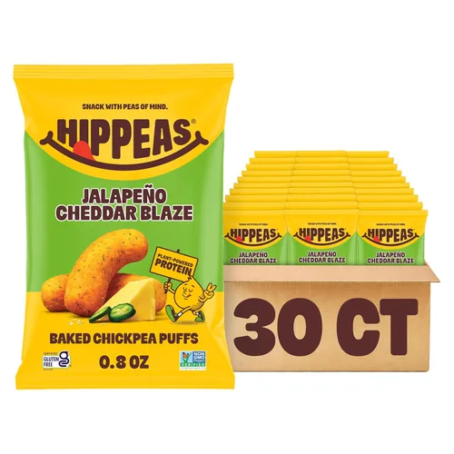 Miniatura 15 de Hippeas Puffs de garbanzos, Jalapeño Cheddar Blaze, 18 x 0.8 z, bocadillos de garbanzos crujientes horneados con 0.11 onzas de proteína vegetal