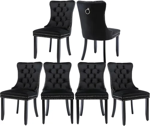 Miniatura 64 de Juego de 2 sillas de comedor de terciopelo, silla de comedor tapizada de alta gama con tirador de anillo en la espalda, adorno de clavos y patas
