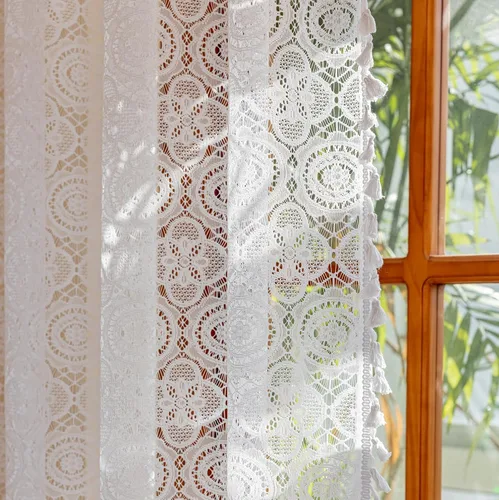 Miniatura 46 de YJ YANJUN - Cortinas de café boho, 24 pulgadas de largo, 2 paneles, cada una de 59" de ancho x 24" de largo, beige, con crochet, cortinas de cocina