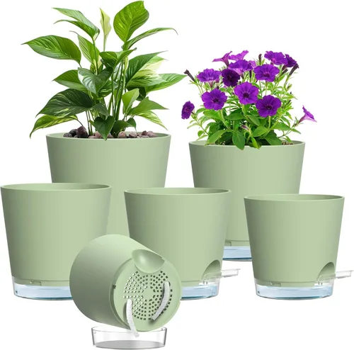 Miniatura 18 de Meowell Macetas de riego automático de 5 pulgadas para plantas de interior, paquete de 5 macetas pequeñas con agujeros de drenaje y depósito