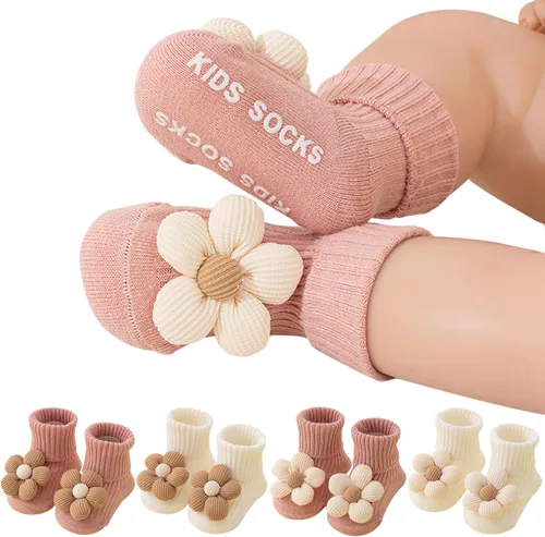 4 pares de calcetines antideslizantes para niños pequeños con agarres, calcetines de flores para bebé, niños y niñas, calcetines antideslizantes