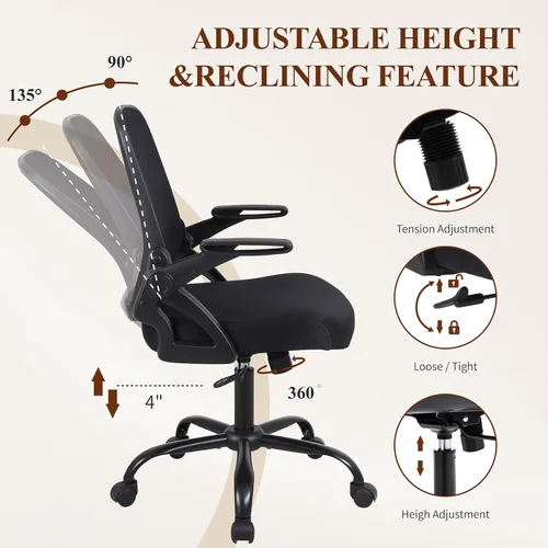 Miniatura 8 de Silla de escritorio para computadora de oficina en casa, silla de trabajo ergonómica de malla de altura ajustable con ruedas, cojín grueso, Negro