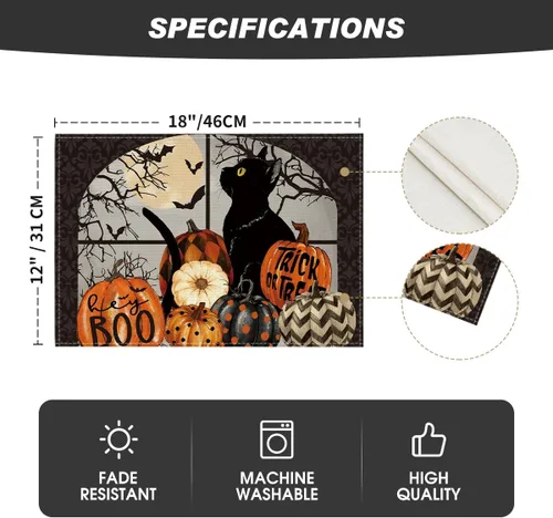 Miniatura 6 de Artoid Mode Boo - Juego de 4 manteles individuales de Halloween con diseño de calabazas de gato negro, 12 x 18 pulgadas, para decoración de fiestas