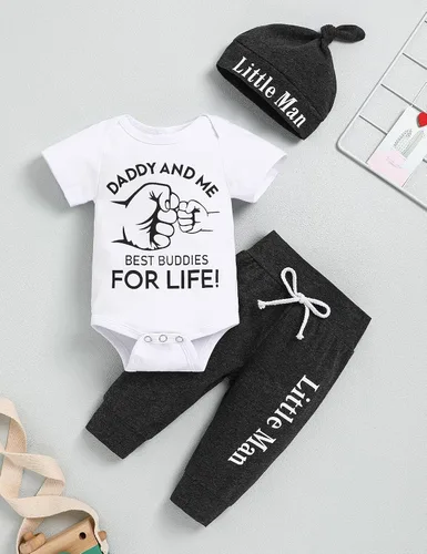 Miniatura 3 de TUEMOS Conjunto de ropa para bebé recién nacido, con estampado de letras, mameluco, pantalones, sombrero, conjunto de 3 piezas