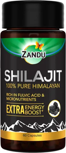 Zandu Cápsulas Shilajit (60 cápsulas) infundidas con bondad de extractos naturales de Shilajit para mejorar la energía y la fuerza en los hombres,