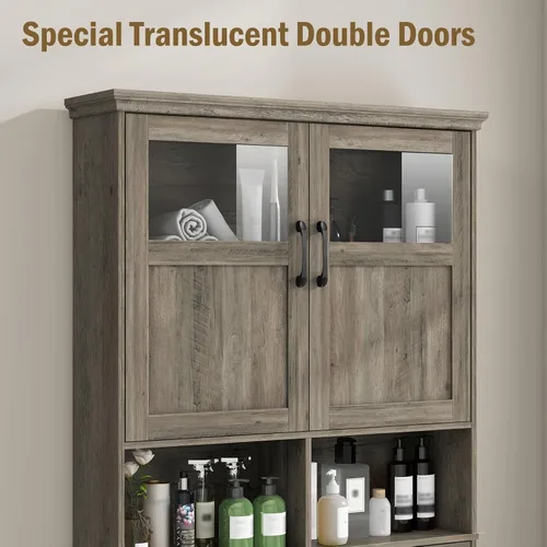 Miniatura 6 de Vabches Armario de almacenamiento sobre el inodoro con puertas dobles, soporte para papel higiénico y estante ajustable, ahorro de espacio Gris