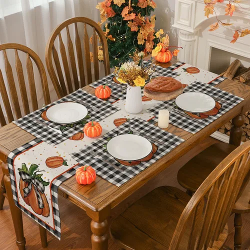 Miniatura 4 de Siilues Decoraciones de Acción de Gracias, manteles individuales y camino de mesa de calabaza con hojas de otoño (4 unidades)