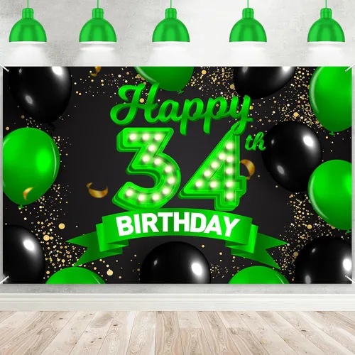 Miniatura 75 de Cartel de feliz cumpleaños 26 verde y negro, telón de fondo con texto en inglés "Cheers to 26 years old confeti", globos de confeti, decoración
