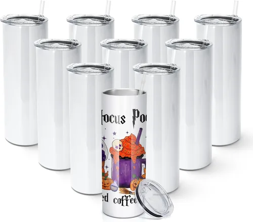 AGH Paquete de 10 Tazas de Sublimación en Blanco de 20 OZ Rectas Delgadas con Pajita, Taza de Acero Inoxidable con Aislamiento de Doble Capa, A-38P