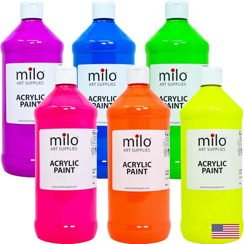 Miniatura 18 de milo Juego de 6 pinturas acrílicas fluorescentes Botellas de 4 onzas Paquete de pintura acrílica de colores neón para estudiantes Hecho