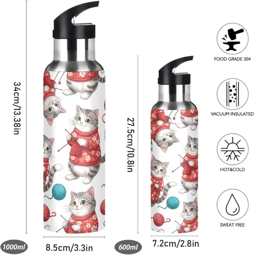 Miniatura 2 de Gray White Cats Red Floral Insulated Stainless Steel Water Bottle with Straw 20 Oz, BPA-Free Sports Water Bottle with Straw Leakproof Water Bottles