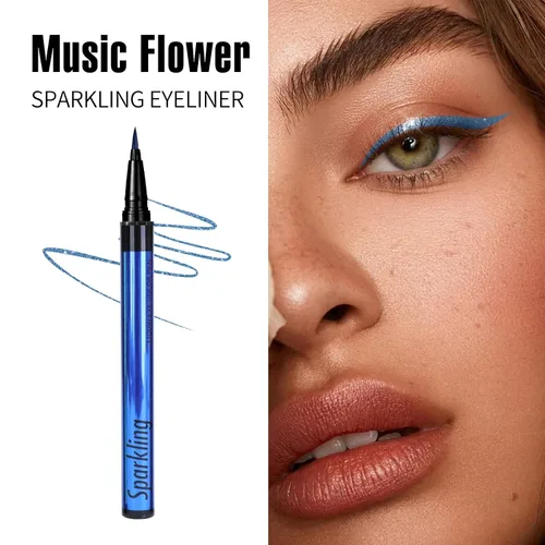 Miniatura 7 de Music Flower Delineador de ojos, delineador líquido impermeable con punta de precisión, delineadores de ojos metálicos de color brillante, Azul