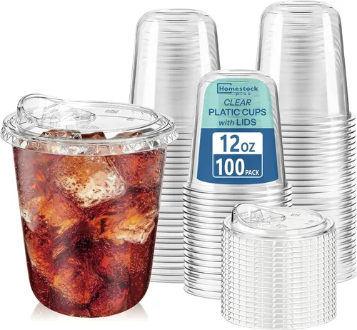 Miniatura 10 de Homestockplus Paquete de 100 vasos de plástico transparente de 12 onzas sin BPA con tapas y popotes, vasos desechables para sorbetes a prueba
