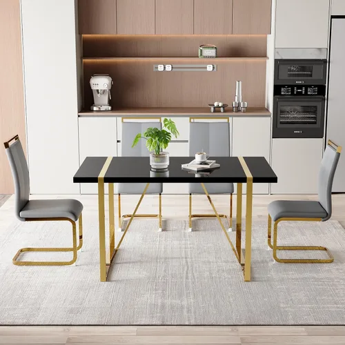 Miniatura 31 de Moderno juego de mesa de comedor para 4, juego de mesa de comedor dorado de 55 pulgadas con 4 sillas de piel sintética negra, mesa de madera negra