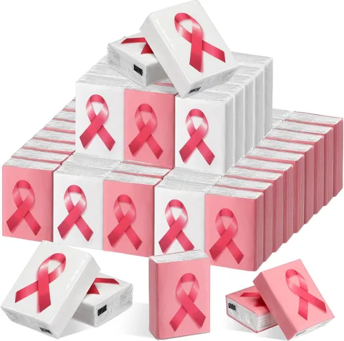 Miniatura 7 de Ireer 50 pañuelos de bolsillo de cinta rosa para concienciación sobre el cáncer de mama, papel de seda de viaje, pañuelo facial de viaje, mini Blanco