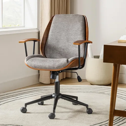 Miniatura 9 de HULALA HOME Silla de oficina de madera maciza con función de balanceo, silla de escritorio de tela cómoda con base de madera curvada y metal, silla