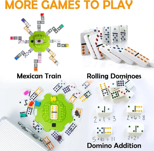 Miniatura 5 de Yinlo Juego de dominó de tren mexicano con efecto de sonido, juego de dominó para viajes, 91 azulejos dobles de 12 colores juego de viaje con caja